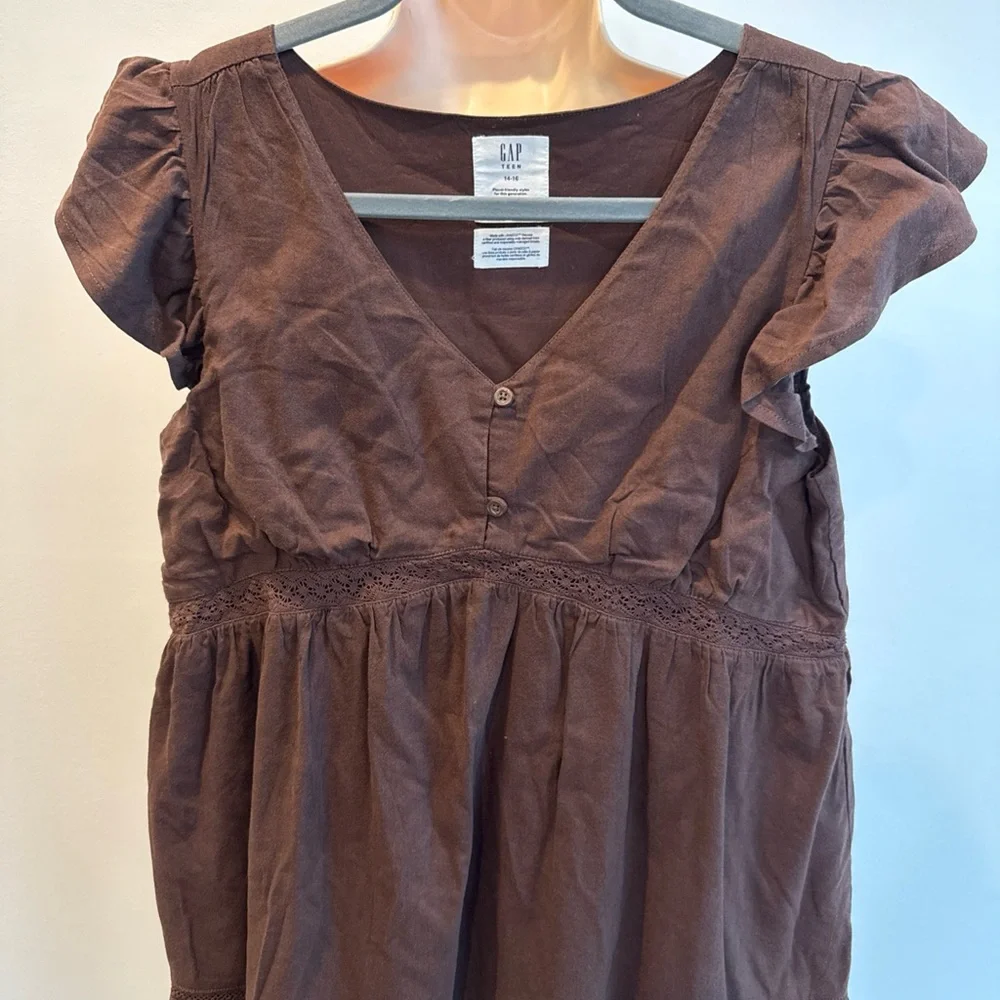 GAP Kids Chocolate Brown Casual Dress Baby Doll V-neck Girl Size 14-16